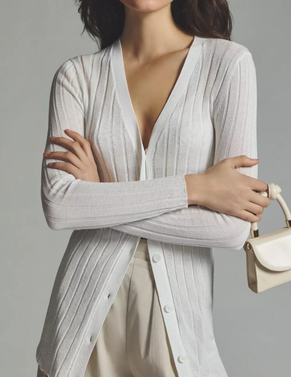 Anthropologie Sophie Rue Slim Ribbed Cardigan Sweater White Viscose Nylon Small